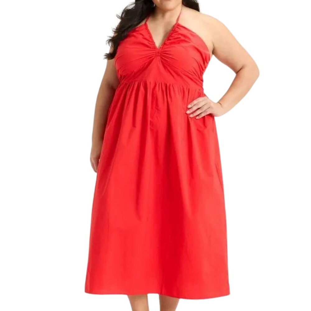 Universal Thread Red Halter Midi Dress Plus Size 2X Smocked Pockets Summer ❤️